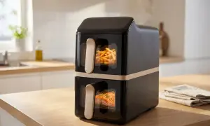 Czarny, dwupoziomowy air fryer z frytkami i łososiem w środku. To najlepszy air fryer do szybkiego przygotowania posiłków.