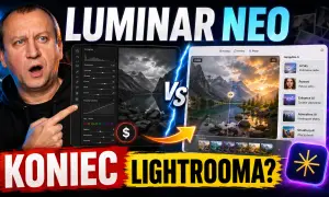 Mężczyzna z zaskoczoną miną porównuje edycję zdjęć w programie **Luminar** Neo z innymi narzędziami.