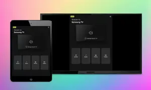 Tablet i telewizor Samsung z aplikacją do streamingu. Możliwość przesyłania ekranu, muzyki, zdjęć i filmów dzięki funkcji airplay.