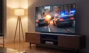 Nowoczesny salon z telewizorem 65 cali, na którym trwa dynamiczna scena pościgu samochodowego. Idealny do filmów i gier.