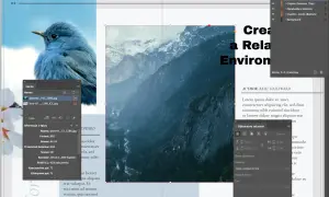 Projekt strony w **Adobe InDesign** z ptakiem i górami. Panel "Łącza" pokazuje pliki graficzne.