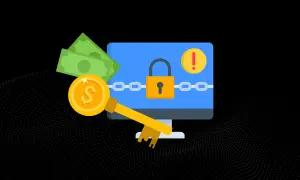 Klucz do odblokowania danych po ataku ransomware. Komputer z kłódką, pieniądze i złoty klucz symbolizują okup.