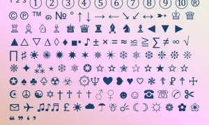 Kolekcja znaków specjalnych na klawiaturze: liczby, symbole, figury, symbole muzyczne, matematyczne, szachowe, religijne, emotikony i inne.