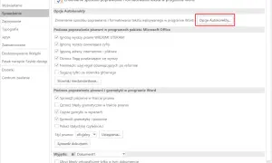 Ustawienia autokorekty w programie Word. Kliknij "Opcje Autokorekty", aby dowiedzieć się, jak wyłączyć autokorektę.