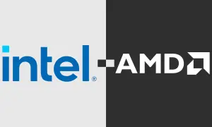Logo Intel i AMD obok siebie, symbolizujące odwieczną rywalizację o najlepszy procesor.