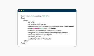 Fragment kodu xml opisujący produkt: ID, nazwę, cenę, URL, obraz, kategorię, stan magazynowy i dostępność.