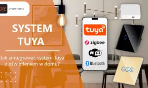 System Tuya integruje oświetlenie w domu. Na ekranie telefonu widoczne logo Tuya, Zigbee, Wi-Fi i Bluetooth.