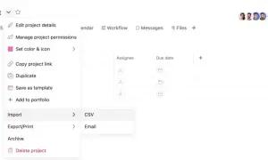 Menu importu projektu zawiera opcję plik CSV.