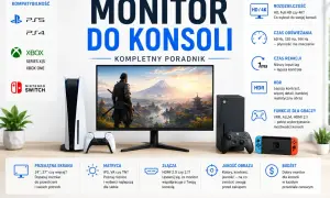 Monitor do konsoli z grafiką w jakości 1080p, prezentujący konsole PS5, Xbox Series X/S i Nintendo Switch.