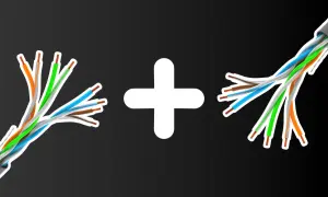 Dwa rozplatane kable ethernet połączone białym znakiem plus.