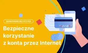 Grafika ilustruje bezpieczenstwo w internecie. Dłoń trzyma smartfon z kartą płatniczą, symbolizując bezpieczne bankowanie online.