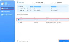 Interfejs programu do klonowania dysku. Wybrano tryb "Disk Mode", zaznaczono dysk źródłowy (Disk 0, Samsung 512GB) do skopiowania.