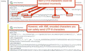 Plik XML z błędami kodowania znaków, gdzie niektóre znaki UTF-8 są nieprawidłowo wyświetlane, a inne, zakodowane, działają poprawnie.