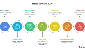Schemat procesu wdrażania RODO z ikonami: audyt, dokumentacja, zabezpieczenia, szkolenia, prawa osób, zgłaszanie naruszeń, monitoring.