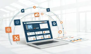 Grafika przedstawia laptopa z panelem administracyjnym, sugerując łatwość zarządzania stroną. To pokazuje, **wordpress co to** jest i jak działa.