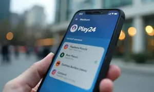 Dłoń trzyma smartfon z aplikacją Play24, na której widać listę kont i pakietów.