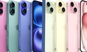 Rząd kolorowych iPhone'ów, od różowego po niebieski, zastanawiasz się: iPhone 15 czy 16?