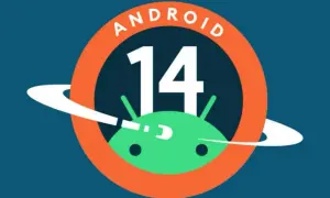 Logo Android 14 z zielonym robotem i pomarańczową obręczą.