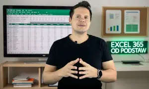 Mężczyzna tłumaczy podstawy Excela 365. Na ekranie widać arkusz kalkulacyjny, a w tle neon z napisem "EXCEL 365 OD PODSTAW".