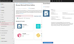 Panel boczny Microsoft Entra z opcją "Enterprise applications" jest aktywny. Wyszukiwarka pokazuje wyniki dla "Smartsheet", sugerując konfigurację oidc.