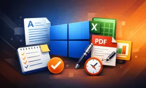 Zestaw ikon biurowych: Windows, Excel za darmo, PDF, dokumenty, zegar, długopis.