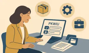 Kobieta przy laptopie z napisem PKWIU. Ikony: paczka, koło zębate, teczka. To może oznaczać, co to znaczy subskrybuj.