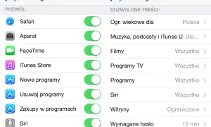 Ustawienia kontroli rodzicielskiej na telefonie. Pozwala zarządzać dostępem do aplikacji, treści i funkcji, np. Safari, Aparat, Filmy.