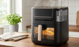Nowoczesny air fryer z widocznym w środku łososiem, idealny do zdrowego gotowania. Sprawdź nasz ranking air fryer!