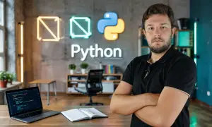Mężczyzna w czarnej koszulce stoi przed logo Pythona. Na biurku laptop z kodem, notatnik. W tle neonowe kształty, symbolizujące polimorfizm w programowaniu.