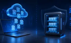 Chmura z dokumentami nad laptopem, a obok sejf z danymi. To wizualizacja, jak działa OneDrive – bezpieczne przechowywanie plików.