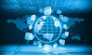 Globalna sieć symbolizująca, kiedy powstał internet, z ikonami aplikacji i mapą świata.