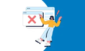 Błąd 403 Forbidden! Kobieta z wykrzyknikiem wskazuje na czerwony krzyżyk w oknie przeglądarki.