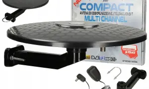 Antena dookólna DVB-T Compact Multi Channel, idealna do odbioru telewizji naziemnej. W zestawie zasilacz i uchwyt.