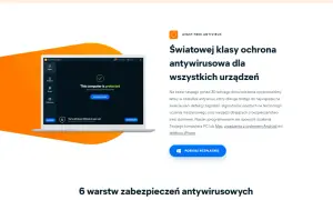 Laptop z interfejsem programu antywirusowego Avast Free Antivirus, pokazujący status "This computer is protected".