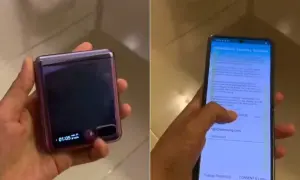Składany telefon Samsung Galaxy Z Flip z fioletowym wykończeniem. Na ekranie widoczny jest tekst "Information Security Solution", który wyjaśnia, czym jest Samsung Pass.