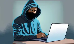 Postać w niebieskiej bluzie z kapturem i masce na twarzy siedzi przy laptopie, przygotowując się do **doxxingu**.