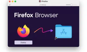 Ilustracja pokazuje, jak odinstalować aplikacje, przenosząc ikonę Firefox do folderu z ikoną App Store.