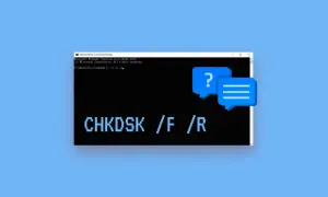 Wiersz poleceń z komendą CHKDSK /F /R, sugerującą naprawę błędów dysku. Dwa dymki dialogowe symbolizują pytania i odpowiedzi.