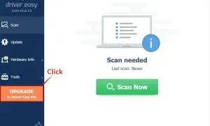Interfejs programu Driver Easy. Widoczny przycisk "Scan Now" sugeruje potrzebę aktualizacji sterowników.