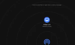 Interfejs airdrop. Widoczny komputer "Indigo Lion" i ikona sieci. Możliwość wysyłania plików lub wiadomości.