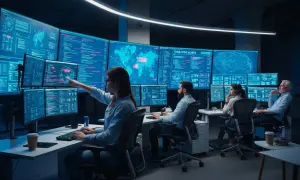 Zespół pracuje w centrum monitorowania, analizując dane na wielkoekranowych monitorach. Kobieta wskazuje na ekran, gdzie widać mapę świata i dane o zagrożeniach.
