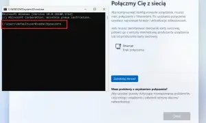 Komunikat o błędzie podczas aktualizacji Windows 11, pokazujący wiersz poleceń z komendą "oobe\bypassnro" i okno z prośbą o połączenie z siecią.
