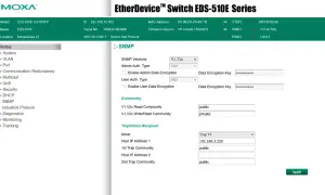 Konfiguracja SNMP dla urządzenia EtherDevice™ Switch EDS-510E. Ustawienia wersji, uwierzytelniania i społeczności SNMP.