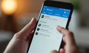 Palec dotyka ekranu telefonu z aplikacją Messenger, szukając sposobu, jak odzyskać usunięte wiadomości z messengera.