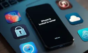 Zablokowany iPhone z komunikatem "iPhone is locked to owner". Ikony sugerują, jak odblokować iPhone'a, np. przez iTunes lub iCloud.