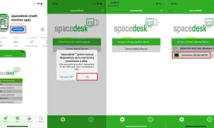Aplikacja spacedesk do rozszerzania ekranu. Widok sklepu z aplikacjami, okno dialogowe z prośbą o pozwolenie na wyszukiwanie urządzeń w sieci, oraz ekran połączenia z komputerem.