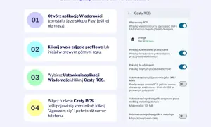 Instrukcja włączania czatów RCS na Androidzie: otwórz Wiadomości, kliknij profil, wybierz Ustawienia > Czaty RCS i potwierdź.