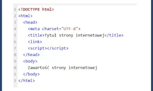 Podstawowy kod html, pokazujący strukturę strony: doctype, html, head z meta, title, link, script, oraz body z zawartością.