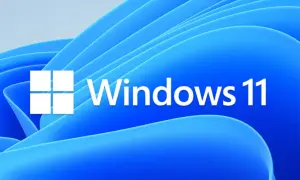 Logo Windows 11 na tle falujących niebieskich kształtów. To najnowszy Windows, który oferuje nowoczesny interfejs i nowe funkcje.