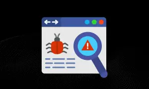 Grafika przedstawia okno przeglądarki z ikoną robaka, symbolem ostrzeżenia i lupą, sugerując wykrycie malware.